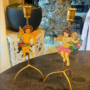 Vintage whimsy handpainted angel metal gold finish tripod candlestick holders